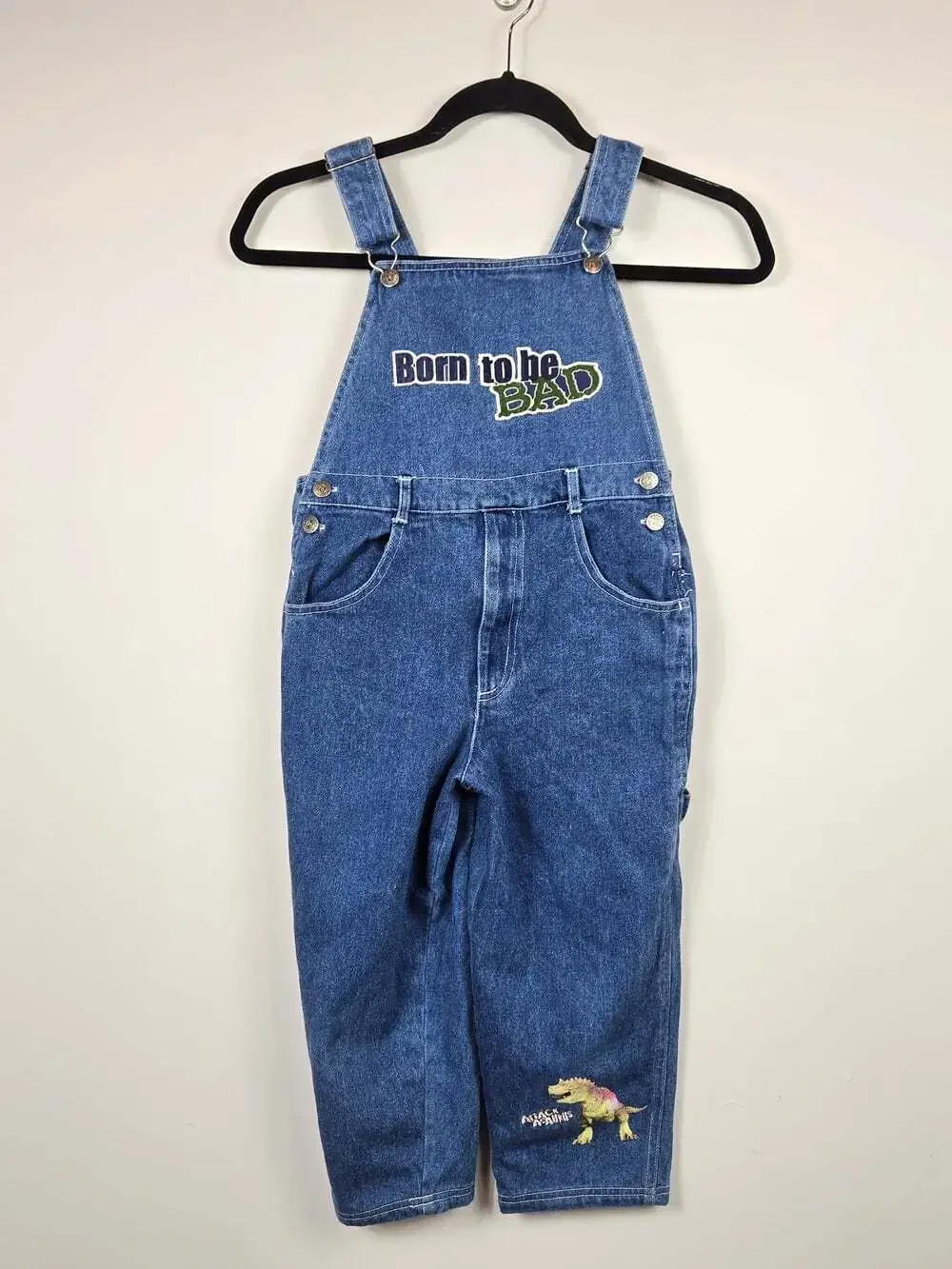 Vintage Disney Dinosaur Denim Overalls Kids Size 7 Born to Be Bad Y2K 90s